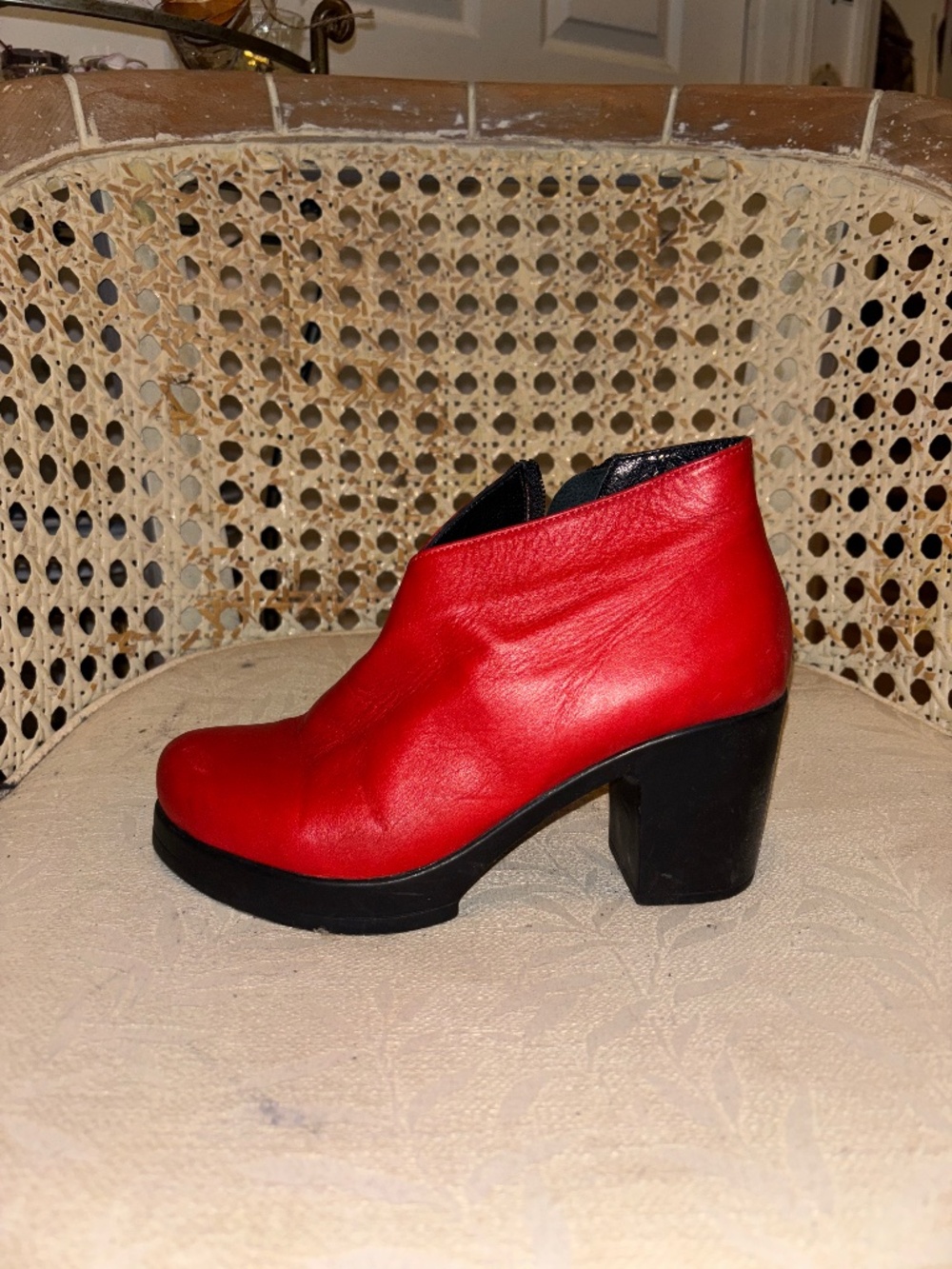 Red 60s leather heeled ankle boots